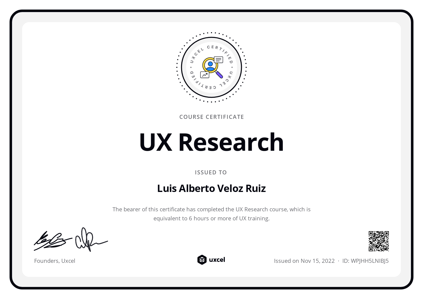 Luis Veloz's certificate